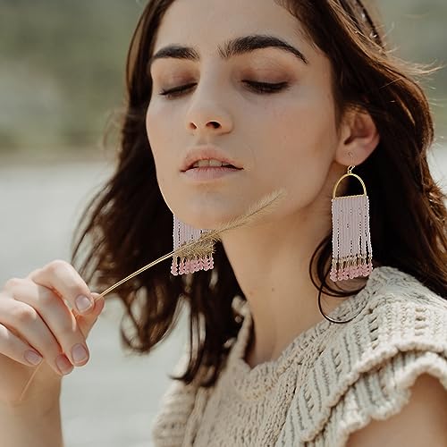 Bohemia Beaded Dangle Earrings - Handmade Seed Bead Earrings, Statement Beaded Tassel Earrings for Women - color: Light Pink