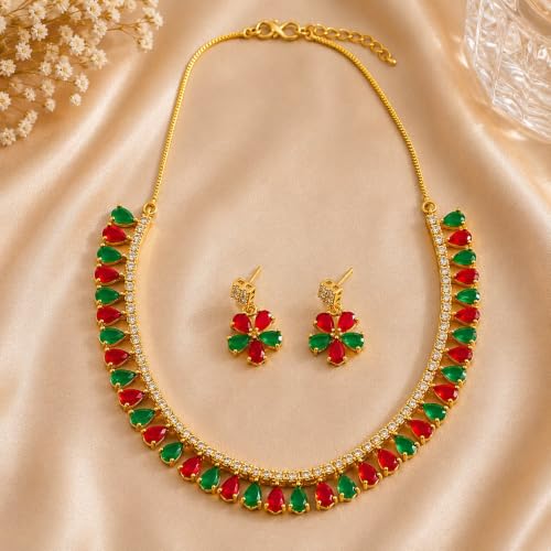 JewarHaat Indian Bollywood Necklace Set AD CZ Elegant Gold Plated Multi Stones Sparkling Crystals Choker with Earrings Fashion Jewellery for Women & Girls - color: Red-Green