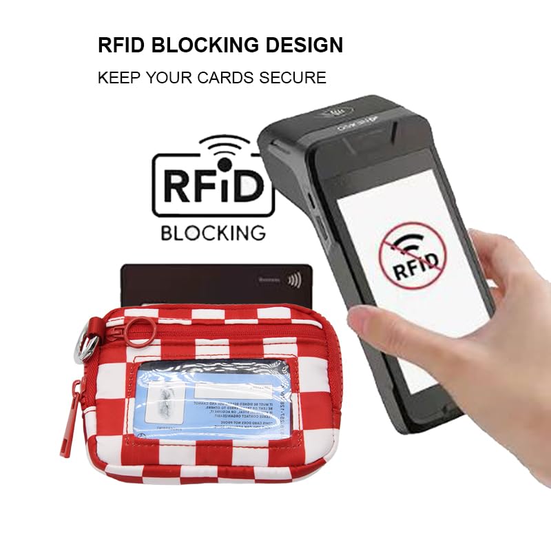 Wristlet Wallet for Women Mini Zip Card Case with Clear ID Window Zipper Coin Purse Lightweight Portable Keychain Wallet - color: Red White