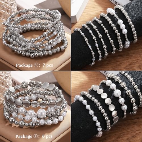 KISS WIFE Bracelets for Women, 13 Pcs Gold Silver Beaded Bracelet Stack with Faux Pearl, Stretch Elastic Strand Ball Fashion Jewelry Set, Adjustable Accessories Gifts - color: Silver