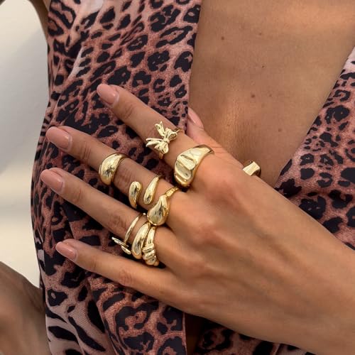 Chunky Gold Rings for Women Non Tarnish Silver Chunky Rings Set Adjustable Thick Statement Ring Gold Stackable Ring for Women Trendy Fashion Silver Jewelry - style: Style3