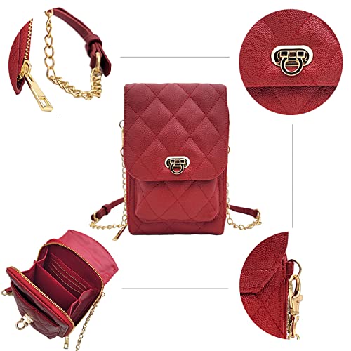Phone Crossbody Bags for Women Small Vegan Leather Mini Shoulder Wallet Card Quilted Purse - color: D - Red