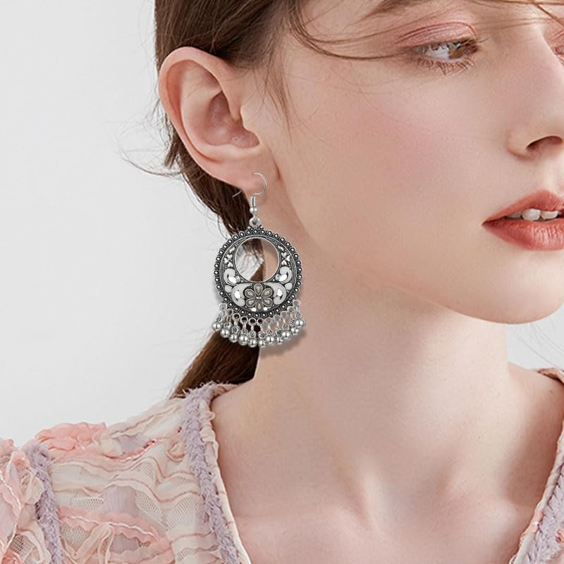 Vintage Boho Statement Drop Dangle Earrings for Women Bohemian Ethnic Handmade Beaded Charms Earring Bohemian Retro Chandelier Tassel Earrings Mexico Gypsy Jewelry Gift - color: O-Silver-White