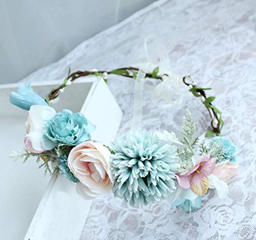 Vivivalue Boho Flower Headband Women Floral Crown Hair Wreath Flower Headpiece Halo with Ribbon Wedding Party Festival Photos Blue - color: 48