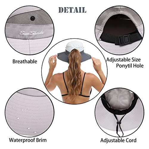 Womens Summer Sun Hat Beach Hat Wide Brim Outdoor UV Protection Hat Foldable Cool Mesh Ponytail Bucket Hat - color: Pure Light Grey