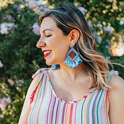 Long Tassel Earrings Statement Bohemian Pom Ball Handmade Drop Dangle Earrings for Women - style: S-blue