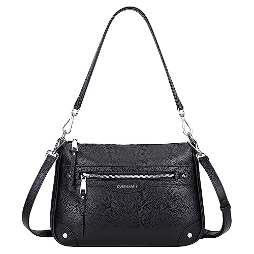 Over Earth Soft Genuine Leather Crossbody Bags for Women Medium Shoulder Purses Hobo Handbags with Multi Pockets - color: 01-black