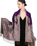Achillea Reversible Paisley Pashmina Rave Scarf – Exotic Indian Shawls and Wraps for Evening Dresses, Festivals, All Seasons - color: Big Paisley Purple