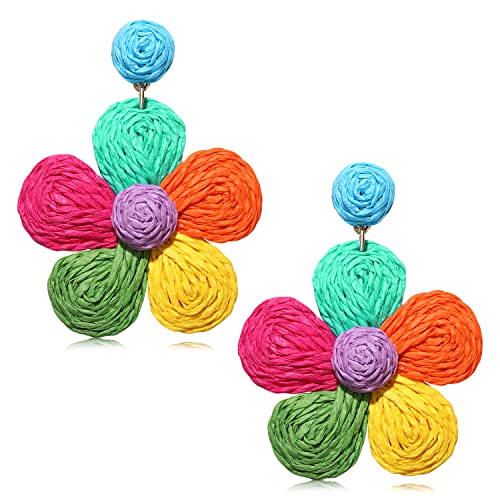 Rattan Earrings for Women Statement Boho Raffia Straw Wrapped Flower Drop Dangle Earrings Summer Tropical Beach Jewelry - color: Colorful