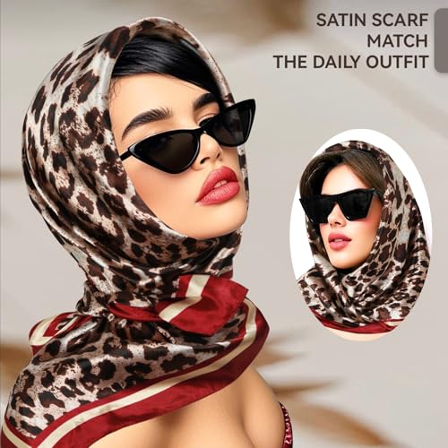Head Scarf for Women Hair - 2 Pack 35" Square Satin Scarf, Silk Hair Scarf for Women Head Wrap for Sleeping - color: Black Leopard Print & Ruby Leopard