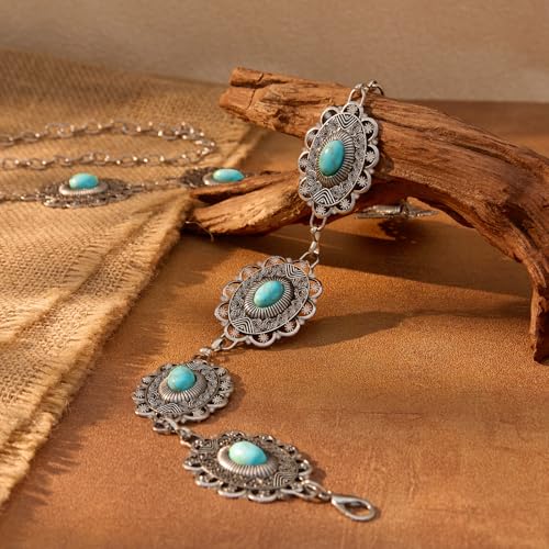 XZQTIVE Women Boho Chain Belts For Dresses Jeans Western Cowgirl Waist Links Belt Adjustable Metal Concho Belt - color: Green Turquoise Silver, size: Fit Waist up to 56 In