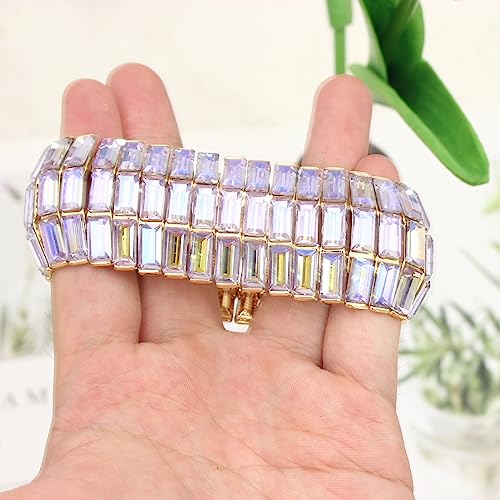 Women’s Wedding Bridal Crystal Leaf Flower Stretch Bangle Elastic Wide Bracelet Jewelry for Brides Bridesmaid - color: Style1-Violet-Gold Plated
