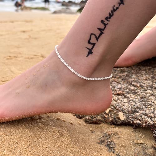 Freekiss Sterling Silver Ankle Bracelets for Women: Dainty Layered Waterproof Anklet for Women Adjustable Womens Anklet Set Stackable Figaro Beaded Cuban Link Anklets Beach Jewelry for Women - color: ANKLET-sparkle glitter+paperclip-SL
