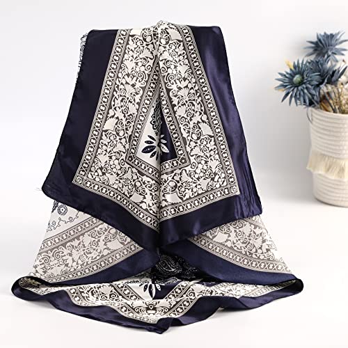 AWAYTR Satin Silk Scarf - Large Hair Bandana, Sleeping Wrap for Women - color: Double-spliced Cashew(navy)