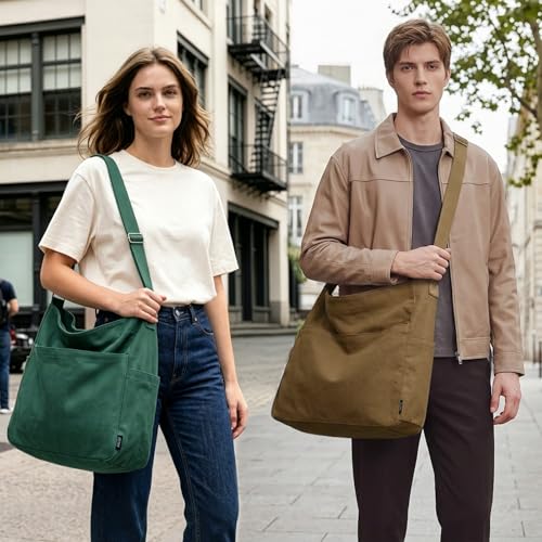 KALIDI Canvas Tote Bag Large Hobo Crossbody Shoulder Handbag Zipper Messenger Bag for Women or Men Casual College Work - color: Army Green