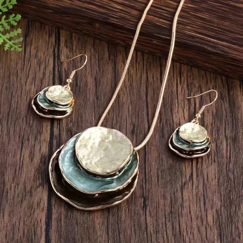 Boho Stud Earring Necklace Set,Vintage Jewelry Set,Trendy Dangle Disc Necklace Jewelry Sets for Women - color: Green