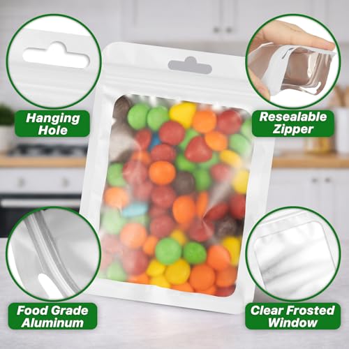 ANZNKU 100 PCS Resealable Mylar Bags with Frosted Clear Window Bags Packaging Bags Foil Pouch Zipper Bag for Jewelry Sample Candy Food (6.29x9.44, White) - color: White, size: 6.29x9.44 inches