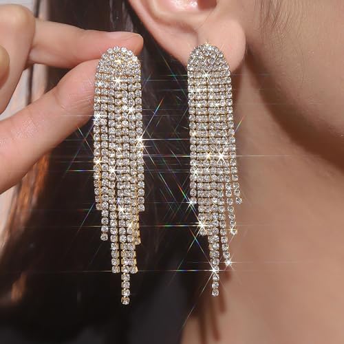 Rhinestone Tassel Earrings Sparkly Long Fringe Crystal Chandelier Dangle Drop Earrings Wedding Party Prom Earrings Premium Iridescent Earrings Wedding Party Jewelry Gifts for Women - color: Gold
