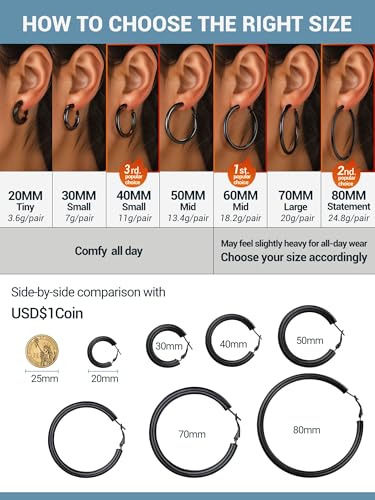 Stainless Steel Chunky Hoop Earrings For Women, Minimalist and Chic, Black/Gold Plated, Round Hoops Earrings Hypoallergenic, Size: 30mm/40mm/60mm/80mm, Come with Box - color: 1. Black, size: 70MM