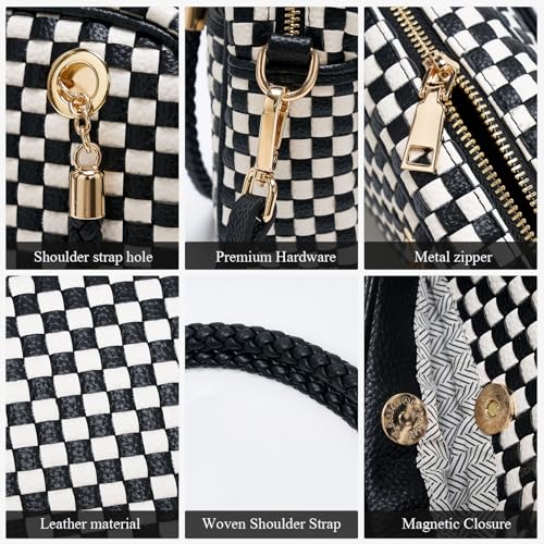 Chic Woven Crossbody Camera Bag, Soft Vegan Leather Purse with Designer Look & Braided Handle - color: Black and White Checkered