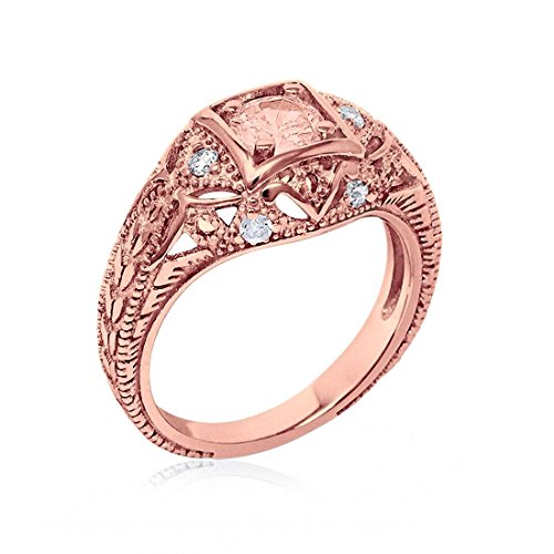 Blue Apple Co. Art Deco Ring Round Cubic Zirconia Leaf Filigree Design Split Shank Twisted Band Bridal Statement Wedding Engagement Rings For Women 925 Sterling Silver Gifts For Her - color: Rose Tone, Simulated Morganite