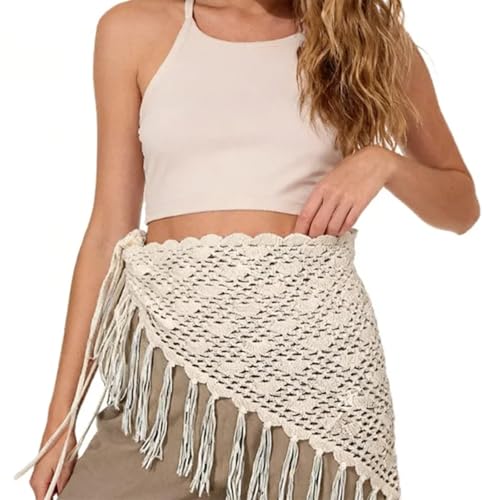 Women Y2K Lace Fringe Hip Scarf Boho Triangle Tassel Waist Cover Up Skirt Wrap Sheer Tie Belt Aesthetic Streetwear - color: G White