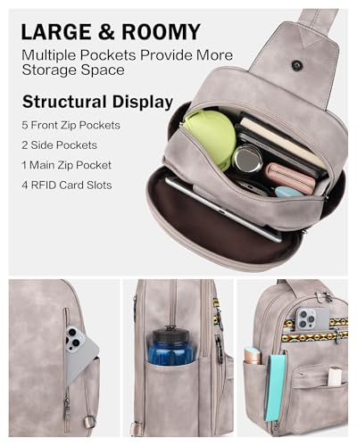 FADEON Large Sling Bag for Women, Leather Crossbody Purse Designer Anti Theft Sling Backpack, RFID Fanny Packs for Travel - color: Grey Retro Style