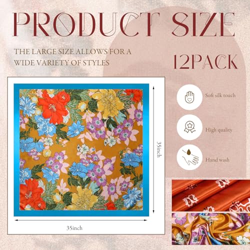 Hicarer 12 Pcs 35 Inch Satin Head Scarf Square Silk Like Neck Scarf Large Hair Scarf Silk Lightweight Hair Wrapping for Women - color: Bohemian Floral Style