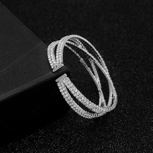 Women's Multi-Layer Rhinestone Cuff Bracelet Sparkling Crystal Tennis Bangle for Bridal Wedding Party - color: 1221 Silver