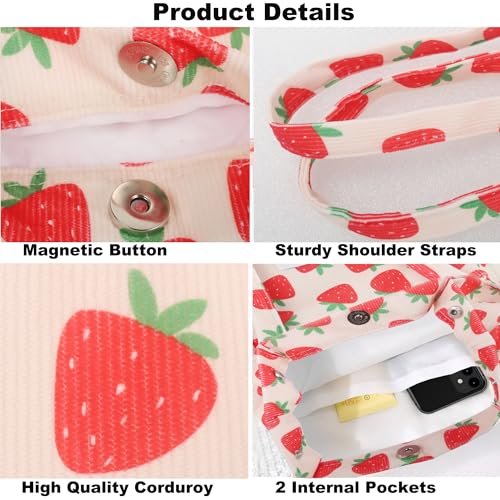 Corduroy Tote Bag for Women Small Canvas Shoulder Purse Cord Handy Bag with Inner Pocket | with Front Pocket - color: 03 A-strawberry-1