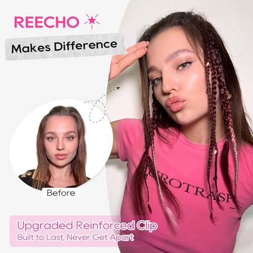REECHO Clip in Braid Hair Extensions for Women, 20" Boho Dreadlock Clip in Braids with Beads & Charms, 2PCS Handmade Synthetic Braided Hairpieces for Cosplay Daily Styling, Burgundy & White - color: Burgundy & White, size: 20 Inch