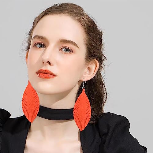 Large Genuine Soft leaf Leather Handmade Fringe Tassel Feather Lightweight Tear Drop Dangle Color Earrings for Women - color: Orange