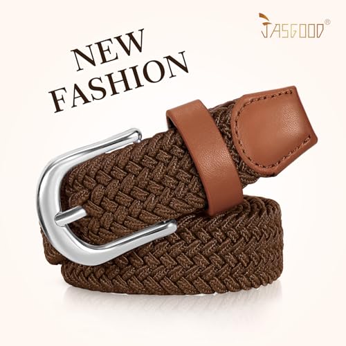 JASGOOD 2 Pack Braided Belts for Women, 1'' Narrow Width Elastic Woven Stretch Fabric Cloth Belts with Gold Buckle - color: F-black+brown, size: Fit Size 33"-36"