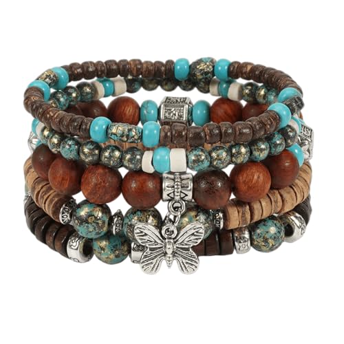 COLORFUL BLING Boho Turquoise Wooden Beaded Stretch Bracelets Stackable Turtle Butterfly Elephant Shell Heart Charms Bracelet for Women Men Western Jewelry Gifts - style: Set 5