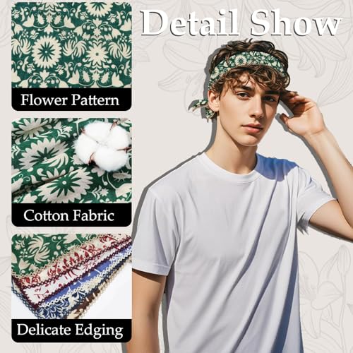 27.16'' Bandanas for Men, Cotton Mens Head Scarf with Flower Pattern Floral Hair Bandana Headband for Daily Casual - color: Green