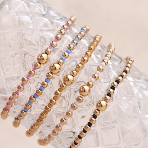 Gold Beaded Stackable Friendship Bracelets Set for Women, Handmade Boho Stretch Summer Jewelry Gift. - color: 0903N