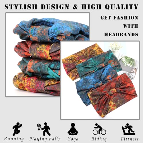 FULZTEY Fashion Boho Headbands for Women Knotted Wide Hair Bands Soft Fabric Bandanas Non Slip Elastic Headwrap Workout Sport Sweat Turban Stylish Hair Accessories for Teen Girls 4Pcs - color: Style 75