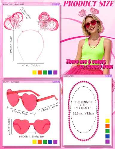 80s Tutu Costume Accessories Set for Women, Tutus Skirt Ponytail Headband Necklace Sunglasses, Party Halloween - color: Hot Pink