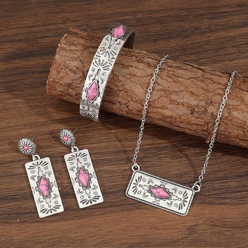 3 Piece Western Boho Pink Stone Jewelry Set for Women Silver Geometric Pendant Necklace Cuff Bracelet and Drop Earrings Bohemian Southwestern Fashion Accessories for Party Festival Everyday Wear Gift for Her