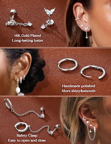 LOLIAS Hypoallergenic Flat Back Earrings Set for Women-Surgical Stainless Steel Earrings for Sensitive Ears-14K Gold Plated Chain Cartilage Earring Stacks Flatback Stud Hoop Earring Sets for Multiple Piercing Jewelry - color: Silver