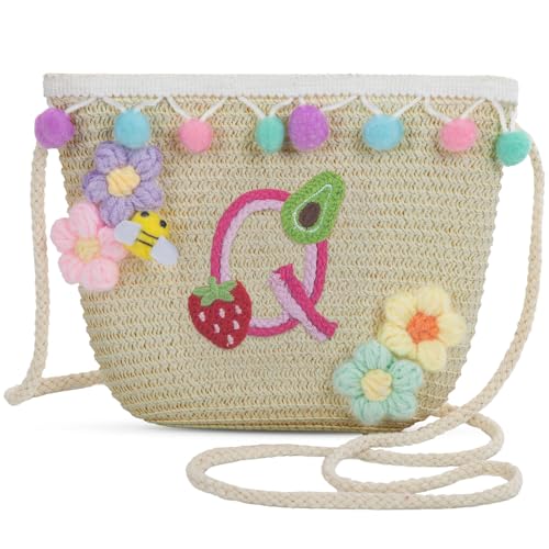 Letter Small Woven Straw Summer Beach Tote Bag for Women 2025,Woven Straw Beach Purse Shoulder Crossbody Bag for Women 2025 - color: Brown Q