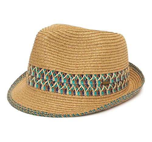 Funky Junque Straw Fedora Hats for Women - UPF 50+ Sun Hat, Short Brim Packable Beach Hat with Woven Pattern - color: 1 - Blue