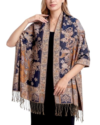 Achillea Elegant Paisley Floral Pashmina Shawl and Wrap – Boho Rave Scarf for Festival, Travel & Everyday Wear - color: Navy Amber Gold