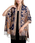 Achillea Elegant Paisley Floral Pashmina Shawl and Wrap – Boho Rave Scarf for Festival, Travel & Everyday Wear - color: Navy Amber Gold