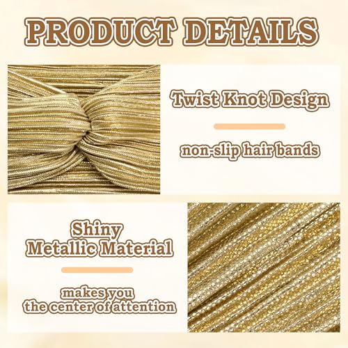4 Pcs Boho Gold Headbands for Women Short Twist Hair Bands Wrinkle Metallic Turban Head Bands Christmas Non Slip Workout Yoga Women's Hair Wraps Accessories