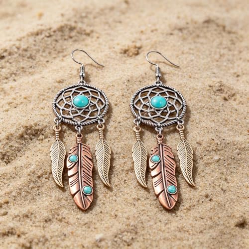 Boho Turquoise Drop Earrings Retro Long Copper Feather Tasse Metal Leaf Dangle Earrings Vintage Country Western Jewelry Cowgirl Ethnic Style Geometric Concert Festival Accessories for Women - color: Silver Blue