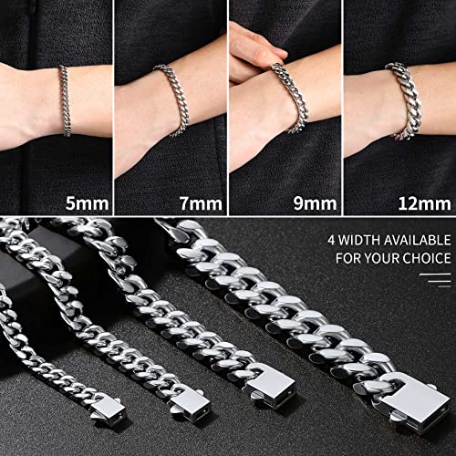 ChainsHouse Stainless Steel Cuban Link Bracelet for Men, 5mm/7mm/9mm/12mm Width, 7.5"/8.3"/9" Length, Black/18K Gold Plated Chain Wrist Bracelets for Men, with Gift Box - color: a. 9mm width-steel, size: 9.0 Inches