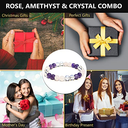 ANAYA AGATE Healing Crystal Bracelet for Women and Men – 8mm Round Beaded Bracelet for Men and Women – Unisex Stretchy Gemstone Bracelet for Healing and Protection - color: Amethyst, Clear Quartz, Rose Quartz