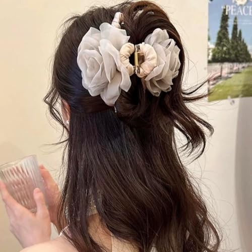 Large Chiffon Rose Flower Hair Claw Clips Boho Mesh Floral Hair Pins Barrettes Strong Hold Non-Slip Beach Vacation Hair Accessories for Women (Light Brown Large Chiffon Claw with Pearl) - color: Light Brown Large Chiffon Claw with Pearl