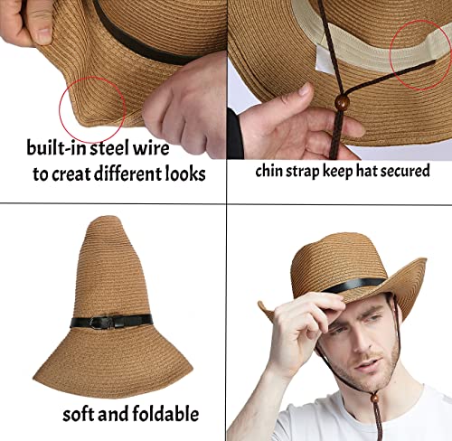 Wide Brim Straw Cowboy Hat for Men Women Western Cowgirl Sun Hat Packable UPF 50+ Beach Cap Shapeable Fedora Panama Cap - color: Khaki